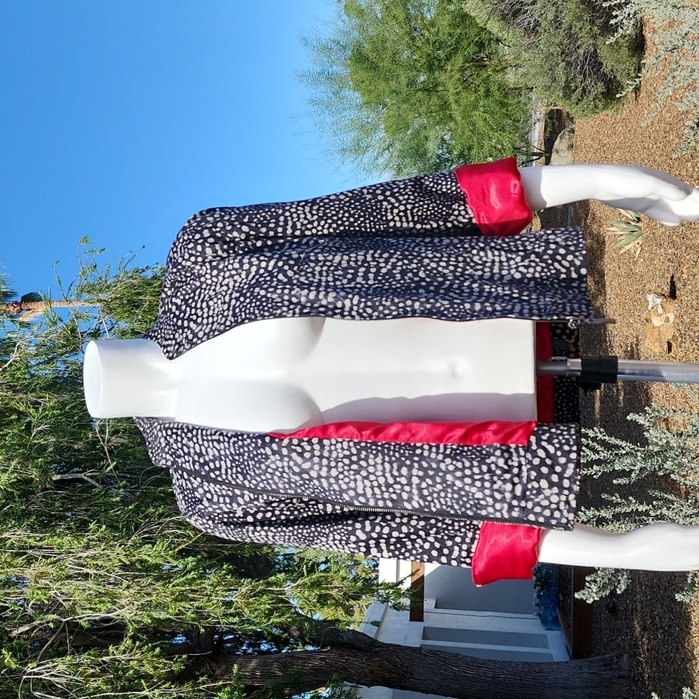 CHICOS Red Owl Lined Moto Jacket 0 Small Wearable Art Statement Zip Work Office - Picture 7 of 16